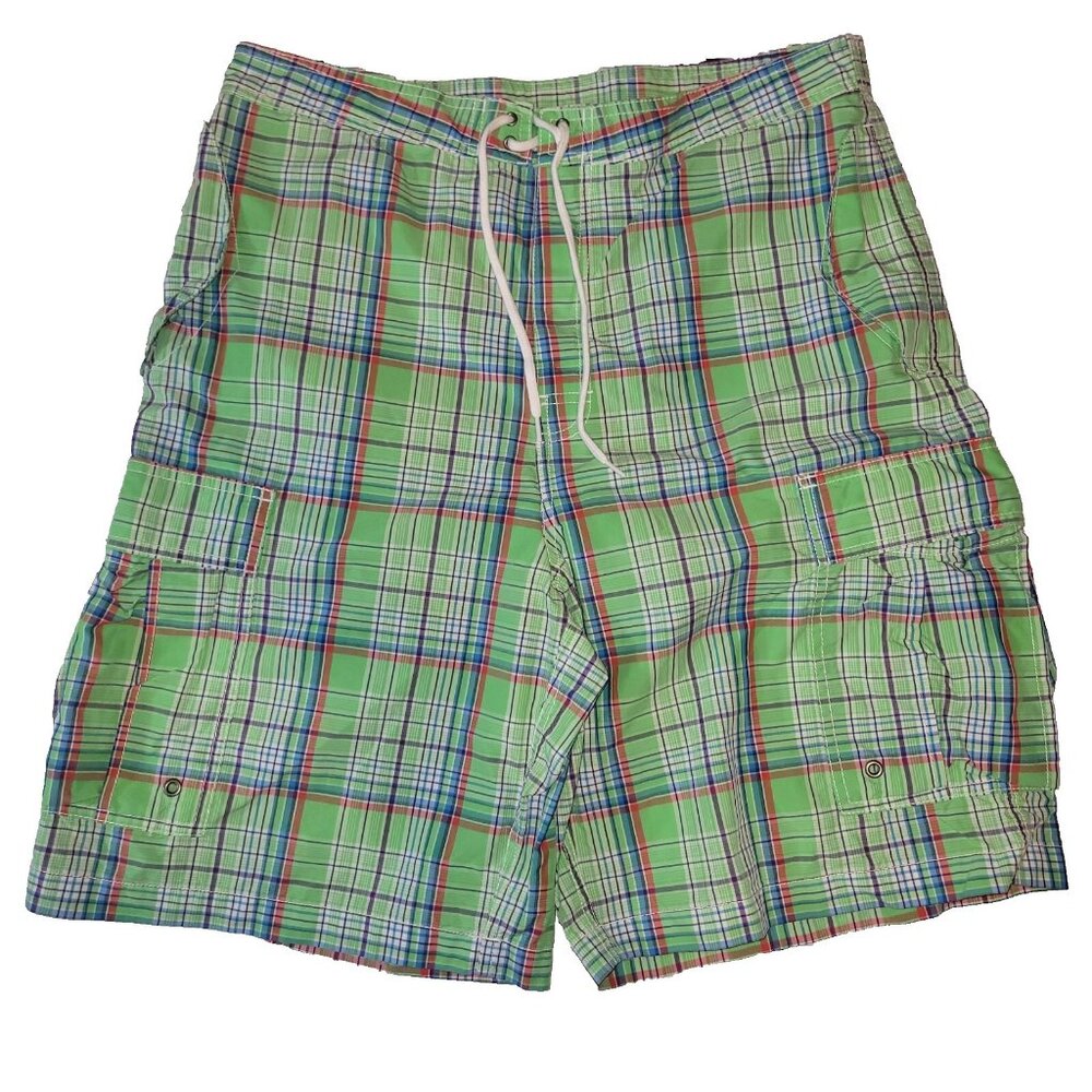 Polo Ralph Lauren Swim Trunks Size 34 Mens Green Plaid Cargo Drawstring Unlined